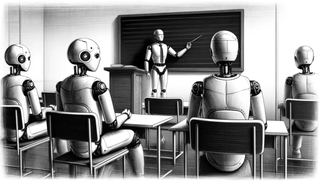 Dei roboto AI, Chat gpt, claude 3 e gemini che Llama 3 di Meta un robot alla lavagna che parla 