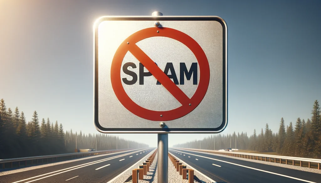 Foto de una señal con Anti-Spam Google y una prohibición roja en medio de una autopista