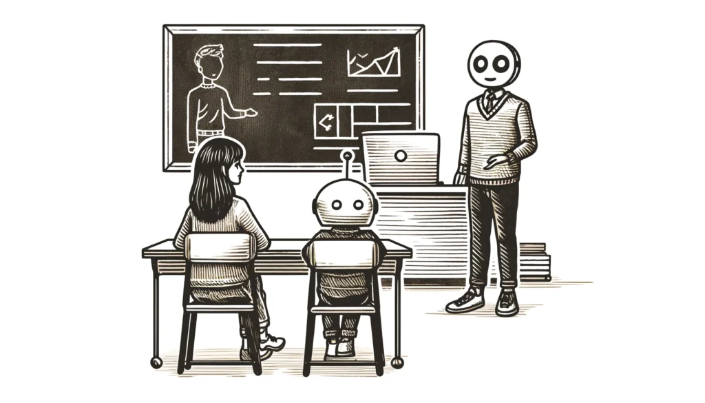 Un robot seduto che osserva il professore in piedi con la testa di Claude 3