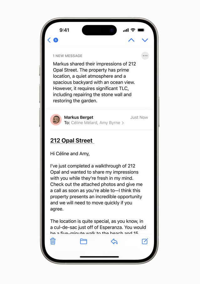 I riassunti delle email permettono agli utenti di vedere i punti chiave senza bisogno di aprire un messaggio, e per gli scambi più lunghi basta un tap per vedere i dettagli pertinenti.