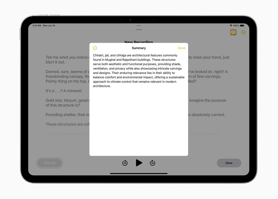 Al termine della registrazione, Apple Intelligence genera un riepilogo con i punti salienti.