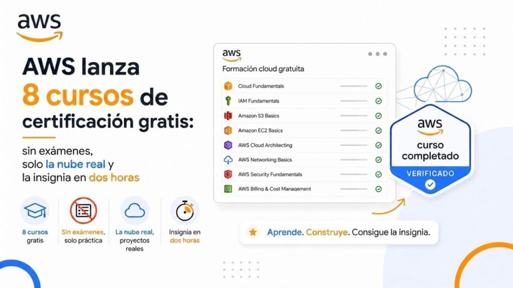 AWS abre 8 cursos certificación gratis: sin test, solo nube real y la credencial en dos horas