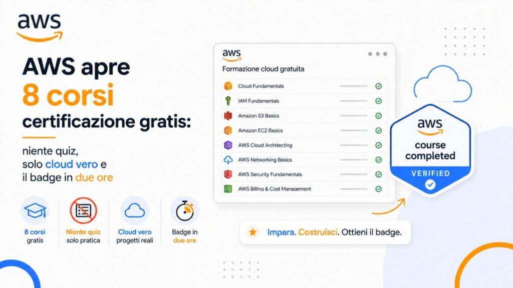 AWS apre 8 corsi certificazione gratis: niente quiz, solo cloud vero e il badge in due ore