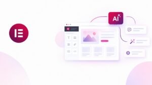 Il logo di Elementor accanto a un editor con un'icona AI collegata: illustrazione di Elementor MCP