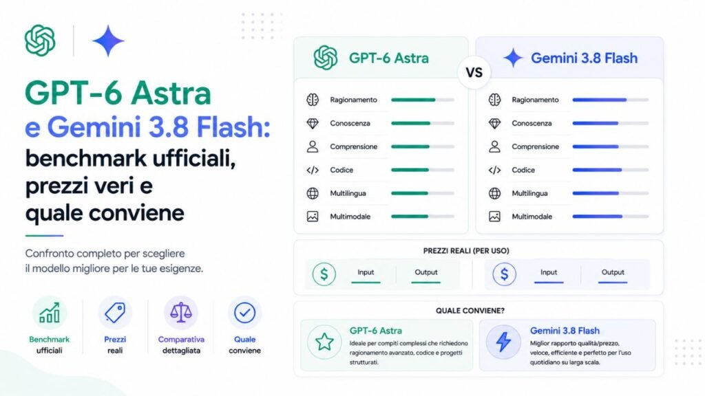 GPT-6 Astra e Gemini 3.8 Flash: benchmark ufficiali, prezzi veri e quale conviene