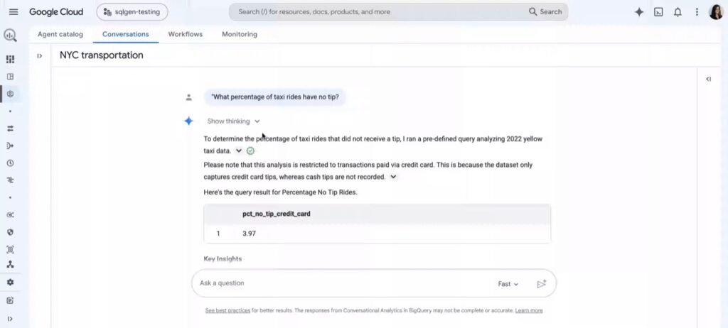 Conversational Analytics en BigQuery: una pregunta en lenguaje natural con el razonamiento del agente y la respuesta sobre los datos