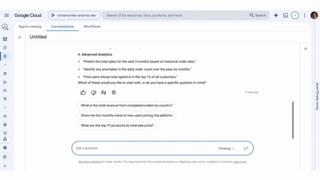 Interfaz de los Data Agents en BigQuery con ejemplos de preguntas en lenguaje natural