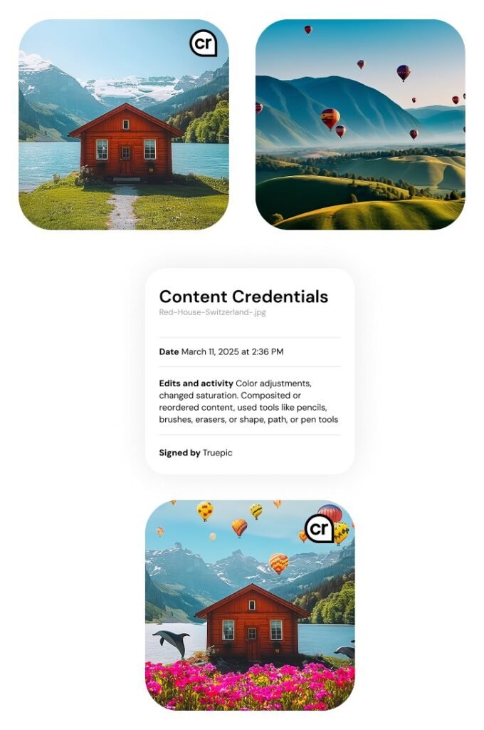 Diagrama oficial de cómo funcionan las Content Credentials (estándar C2PA): dos imágenes de origen marcadas, el manifiesto firmado con fecha y ediciones, y la imagen final con la marca de procedencia