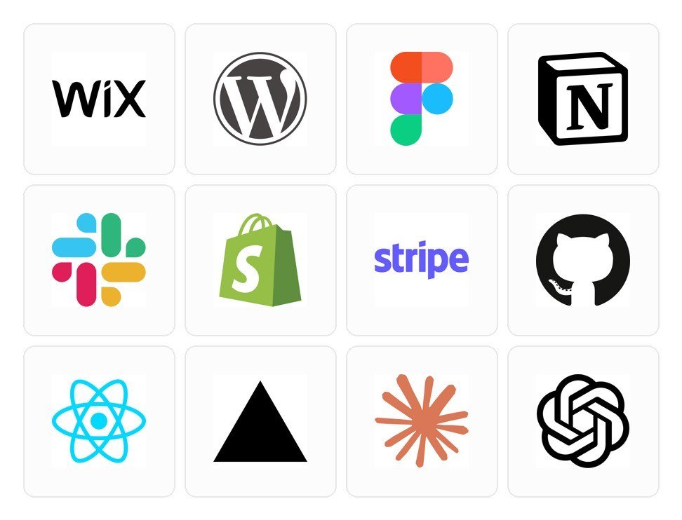 Ejemplos de logos en formato SVG de la colección: Wix, WordPress, Figma, Notion, Slack, Shopify, Stripe, GitHub, React, Vercel, Claude y OpenAI