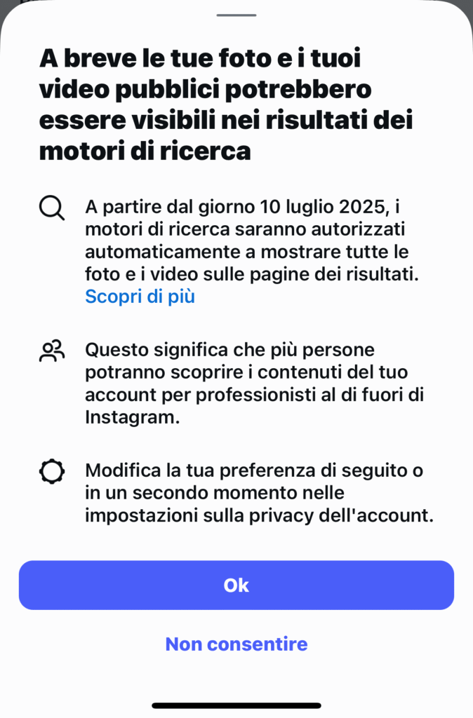 Messadi instagram per indicizzazine di Google 10 luglio 2025