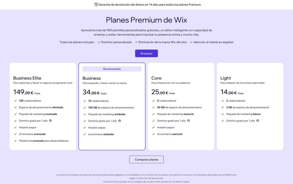 Planes Premium de Wix en España en octubre de 2026: Business Elite 149 euros, Business 34 euros, Core 25 euros y Light 14 euros al mes